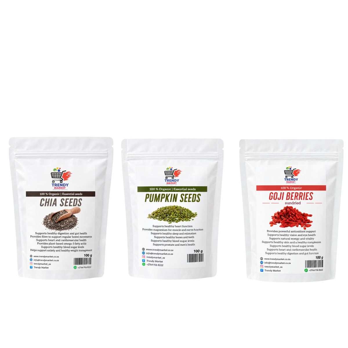 Chia Seeds 100g + Pumpkin Seeds 100g + Goji Berries 100g Combo