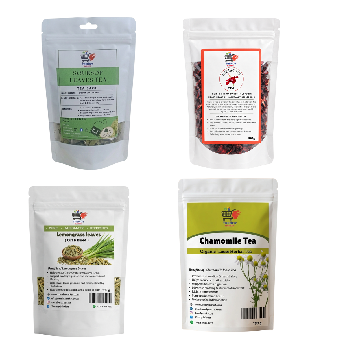 Soursop Tea Bags + Hibiscus Tea + Chamomile Tea + Lemongrass Leaves Combo