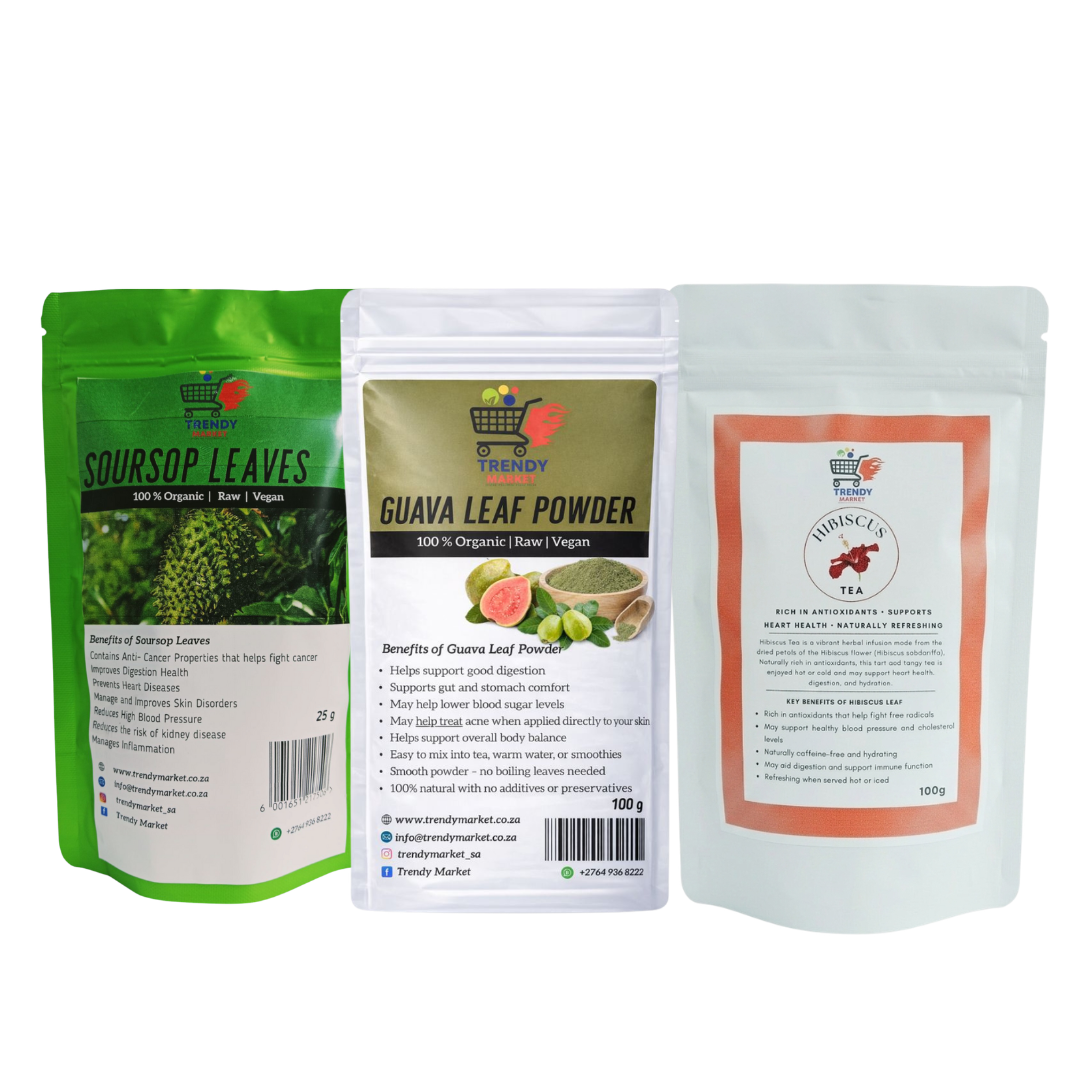 Herbal tea combo pack with three sealed pouches: green leaves, guava powder, hibiscus tea