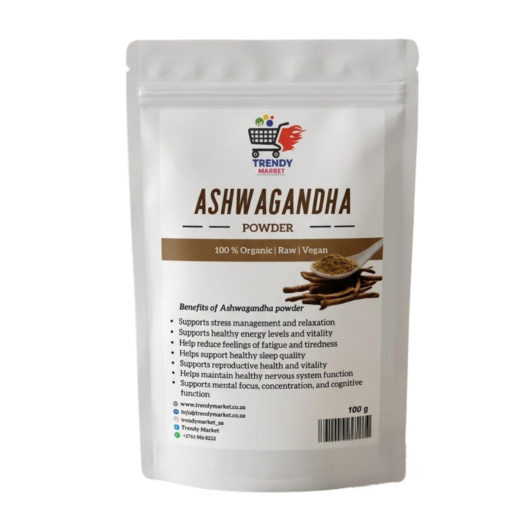 Ashwagandha powder pouch with front label and 100 g size