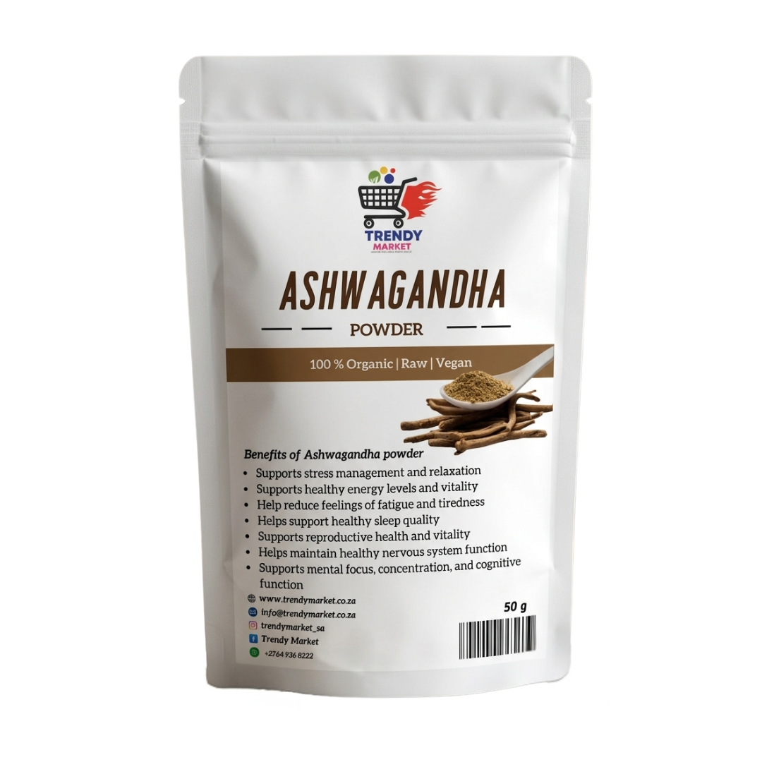 Ashwagandha powder pouch, white bag with label and 50 g seal