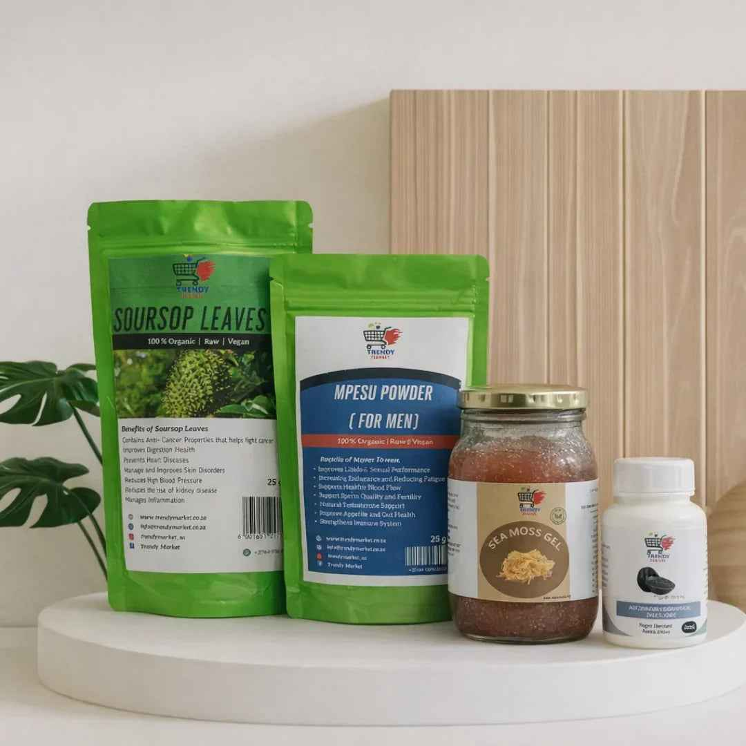 Soursop leaves, MPESU powder, sea moss gel, and wellness supplements for natural health and lifestyle