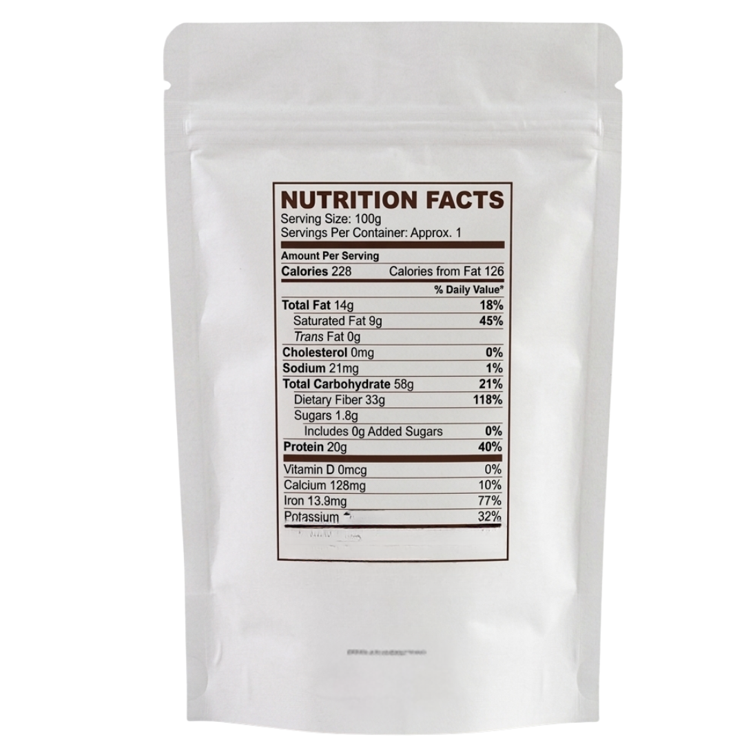 Cocoa powder pouch back with Nutrition Facts panel and serving size details
