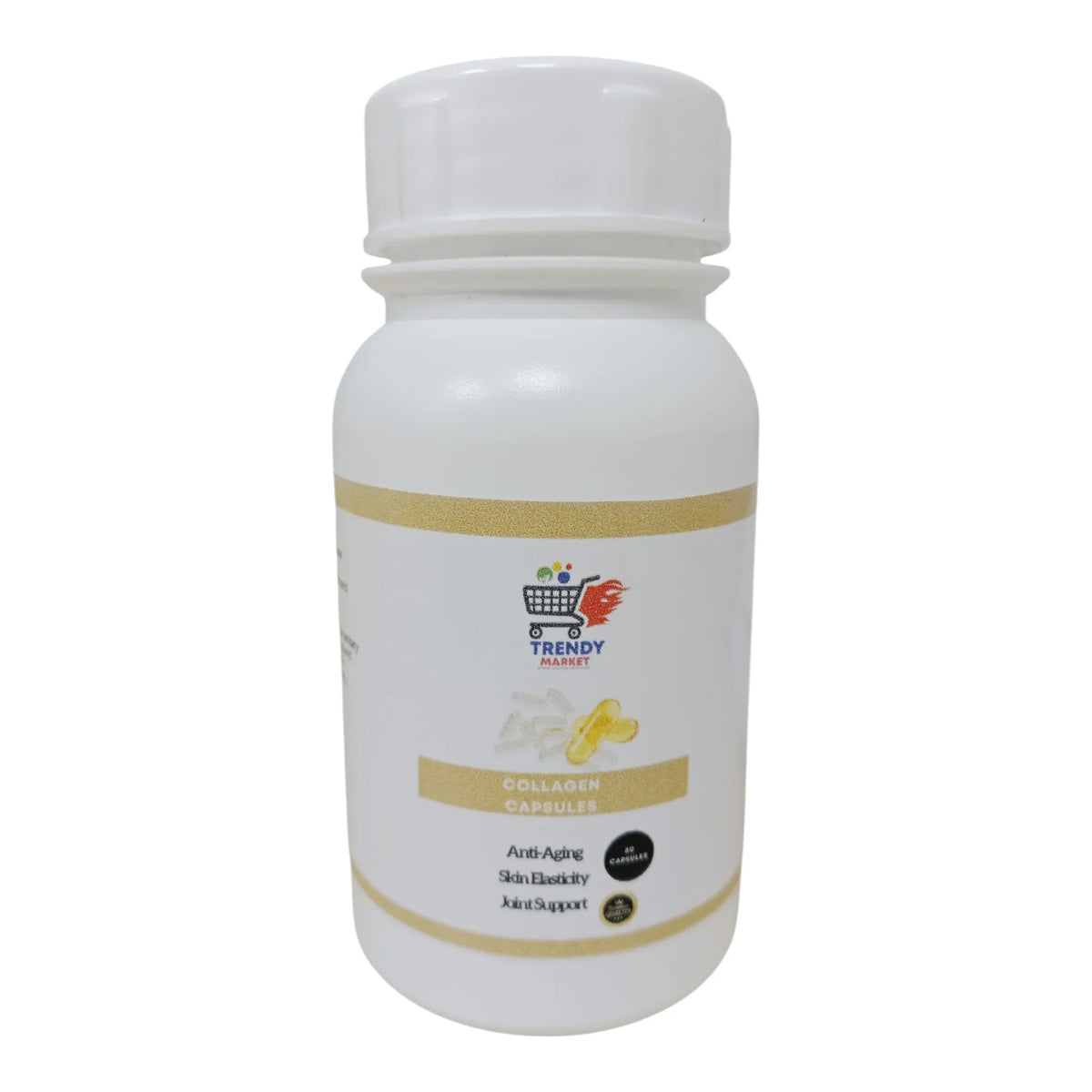 Collagen capsules for anti-aging, skin elasticity & joint support in white bottle with gold accents