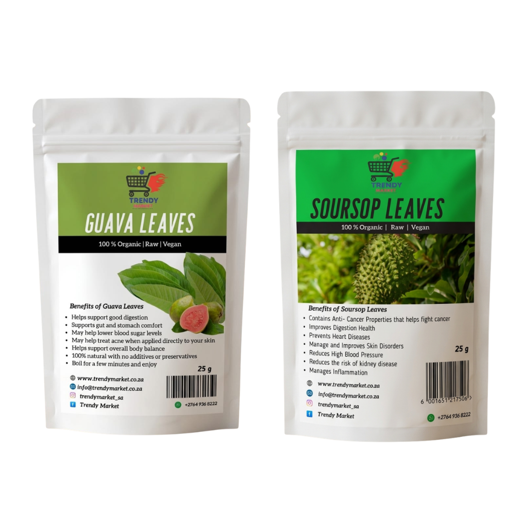 Combo pack of leaf teas: two white pouches labeled guava leaves and soursop leaves