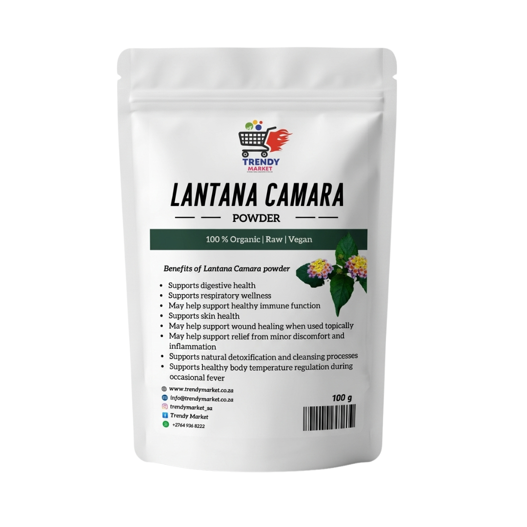 White stand-up powder pouch with label for Lantana Camara.