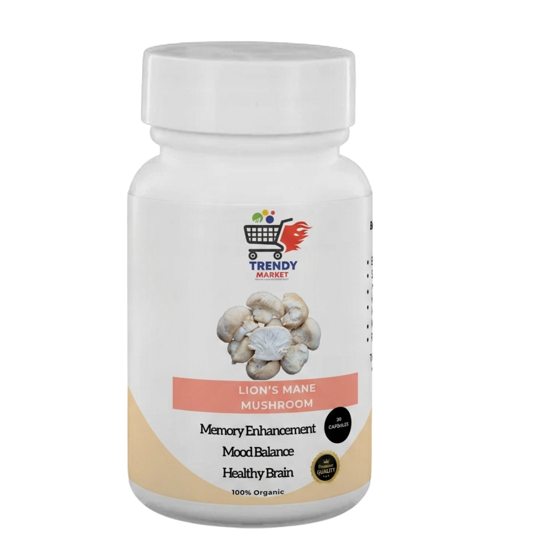 Lion's mane supplement capsule bottle with white cap and white label, 30-count