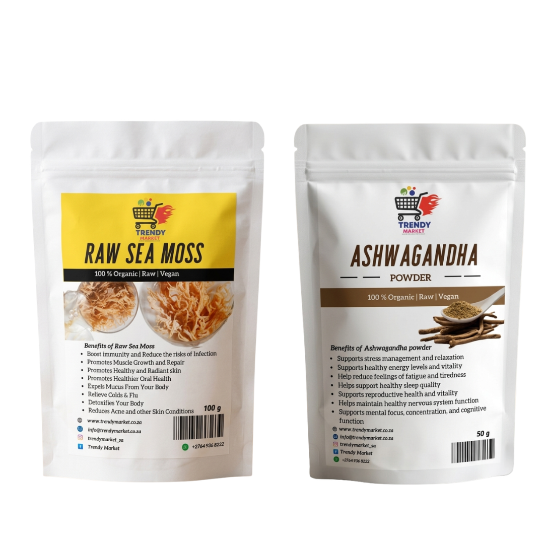 Sea moss & ashwagandha powder combo pack: two white pouches, 100 g and 50 g