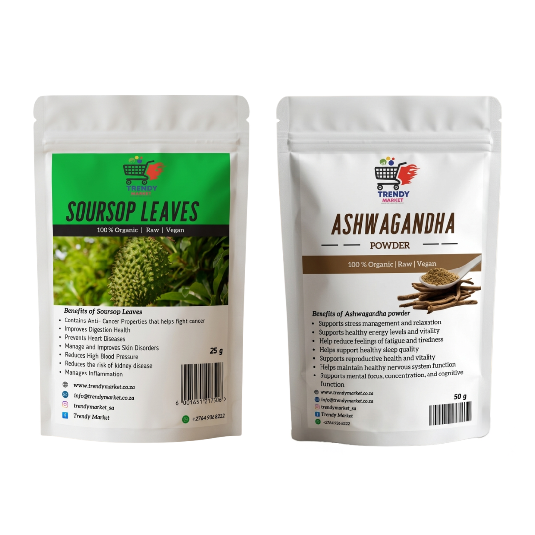 Soursop leaves & ashwagandha powder combo, two stand-up pouches with labels