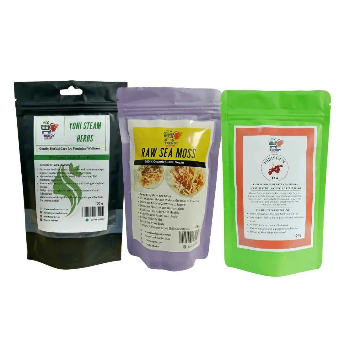 Yoni Steam Herbs, Raw Sea Moss & Hibiscus Tea Pack Combo