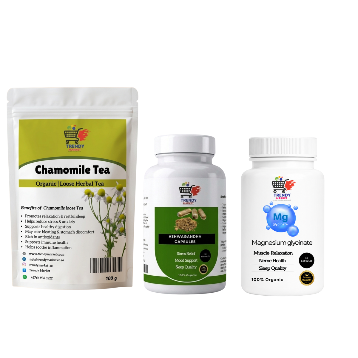 Chamomile Tea + Ashwagandha Capsules + Magnesium Glycinate Capsules Combo