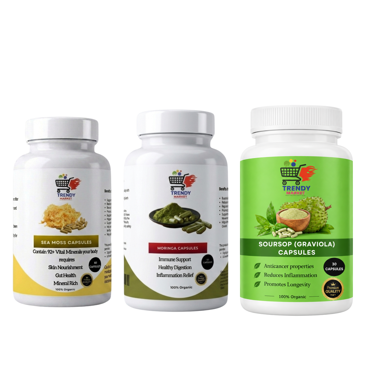 Sea Moss Capsules, Moringa Capsules & Soursop Capsules Combo