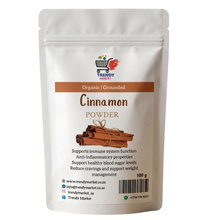 Cinnamon powder bag, organic ground cinnamon in white pouch with brown label