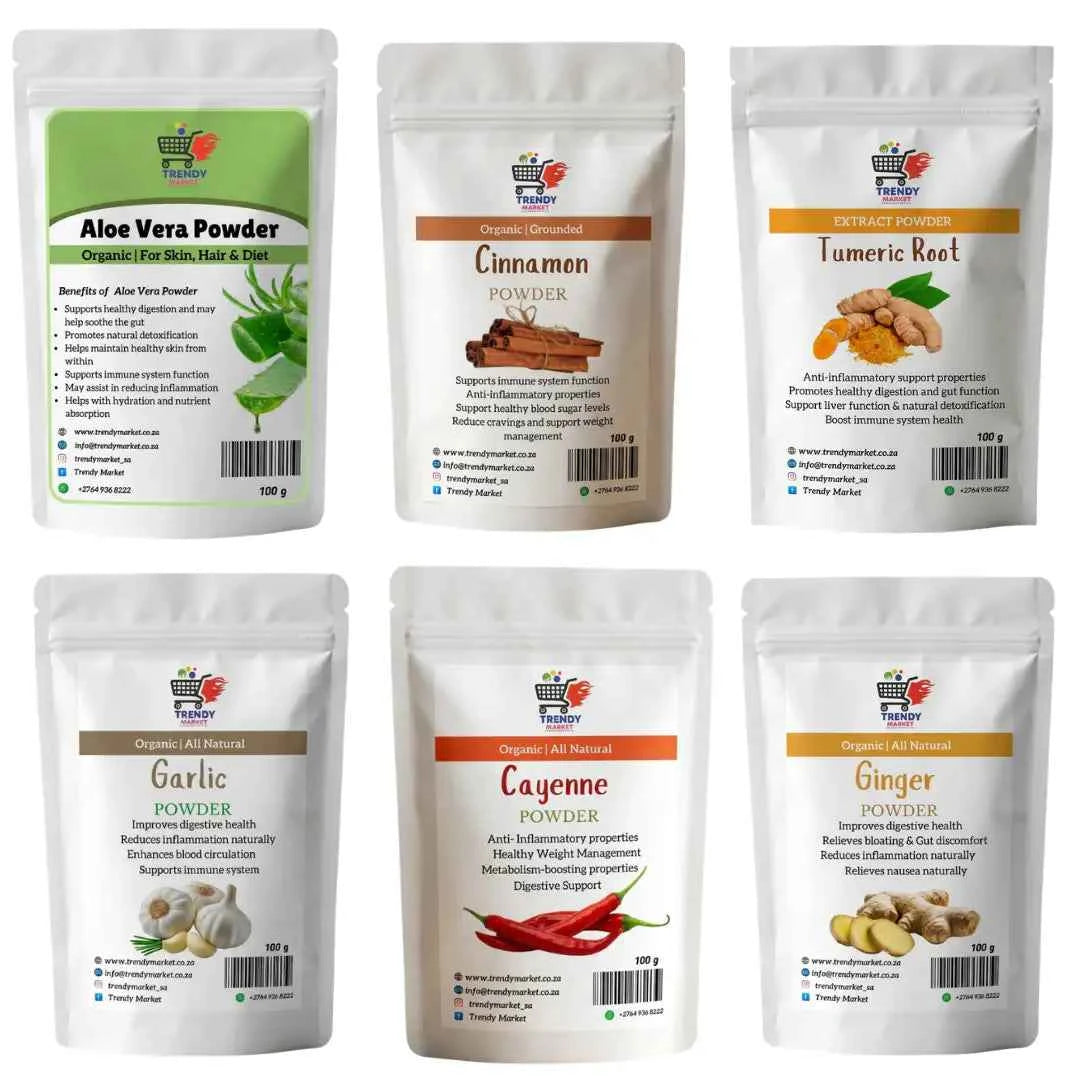Herbal Wellness Powder Set (Aloe Vera, Turmeric, Cinnamon, Garlic, Cayenne Pepper & Ginger) – 6 x 100g