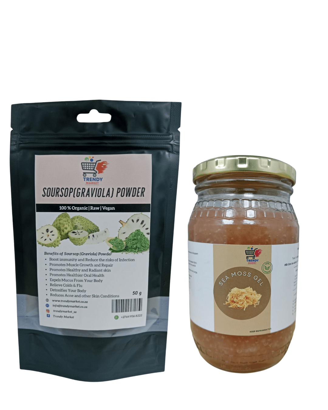 Supplement duo with graviola powder pouch and sea moss jar