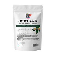 White stand-up powder pouch with label for Lantana Camara.