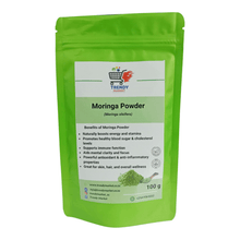 Green stand-up pouch of moringa powder