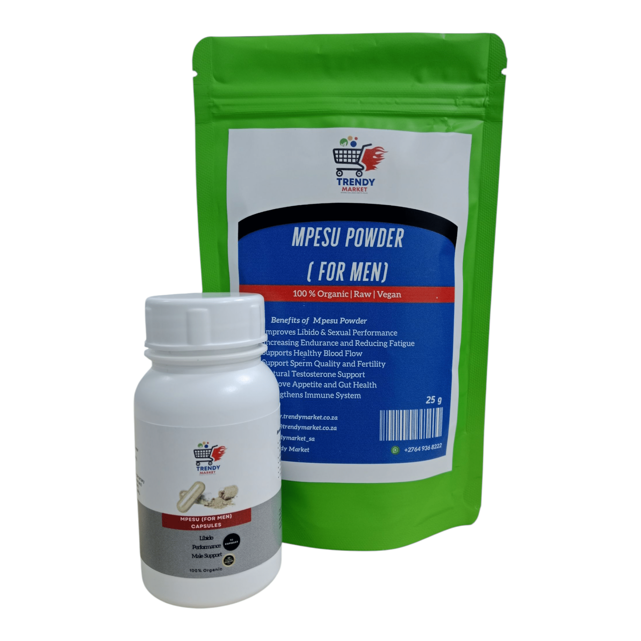 Men’s Mpesu supplement duo: green powder pouch and capsule bottle