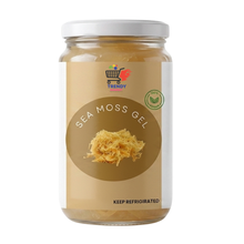 Sea moss gel jar with amber gel and beige label