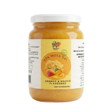 Sea moss gel jar, orange and mango flavored, close-up of front label