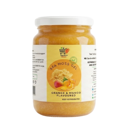 Sea moss gel jar, orange and mango flavored, close-up of front label