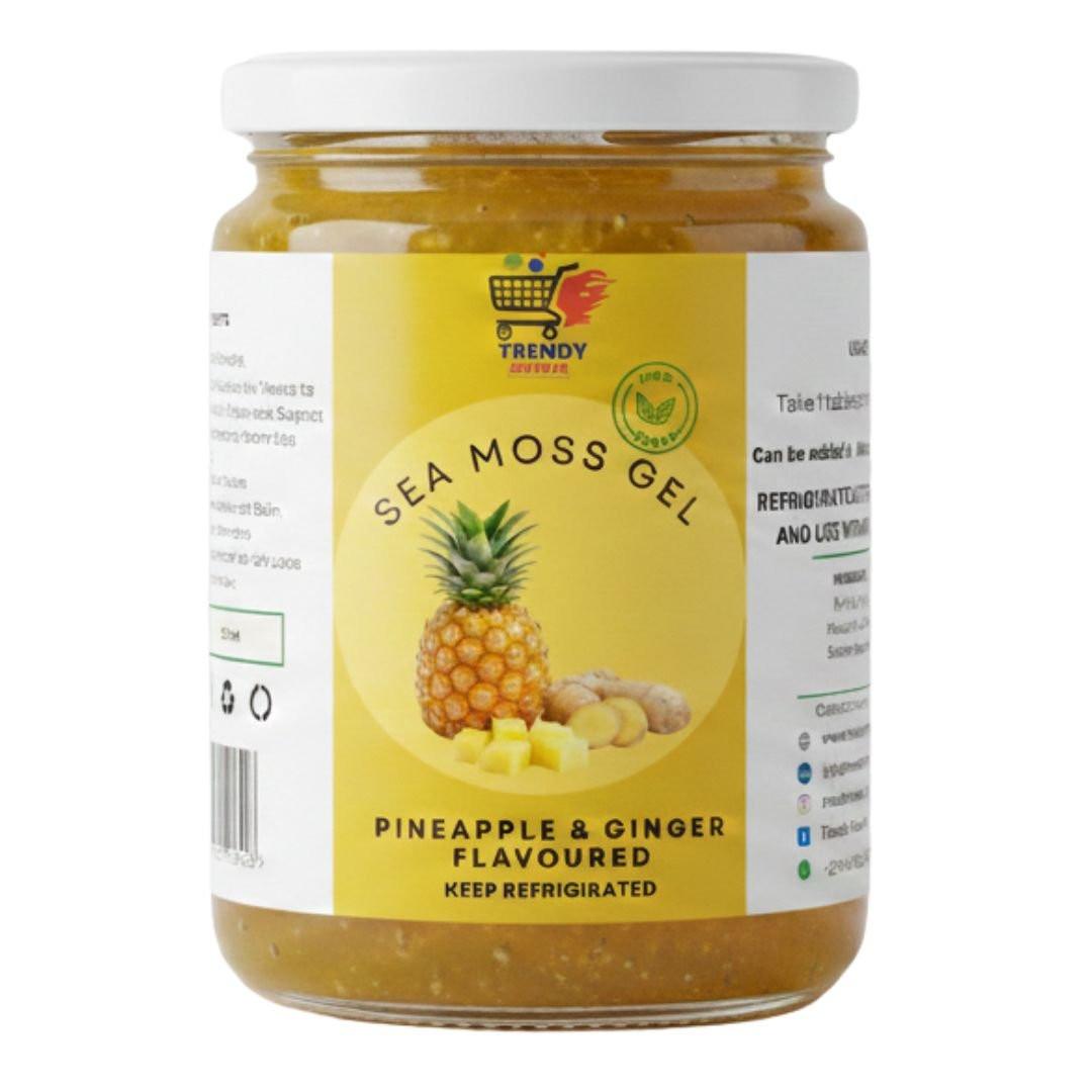 Sea moss gel jar, pineapple and ginger flavour, amber glass container with white lid