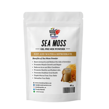 Sea moss gel pre-mix powder pouch with label, white stand-up package