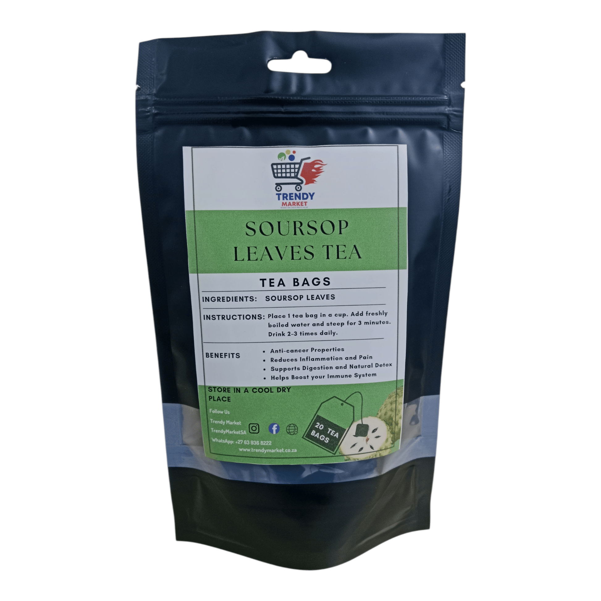 Soursop leaves tea bags pouch, dark blue sealed bag with label