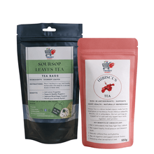 Tea bags combo in two sealed pouches: soursop leaves and hibiscus, stand-up packs