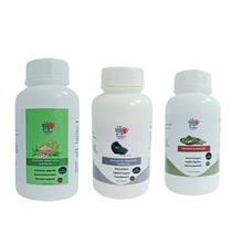 Supplement capsules combo pack with three plastic bottles, labeled soursop, charcoal, moringa