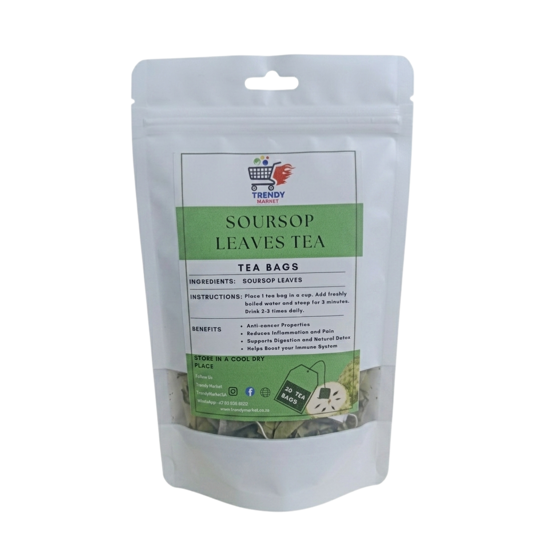 Soursop leaves tea bags pouch, light gray sealed bag with label